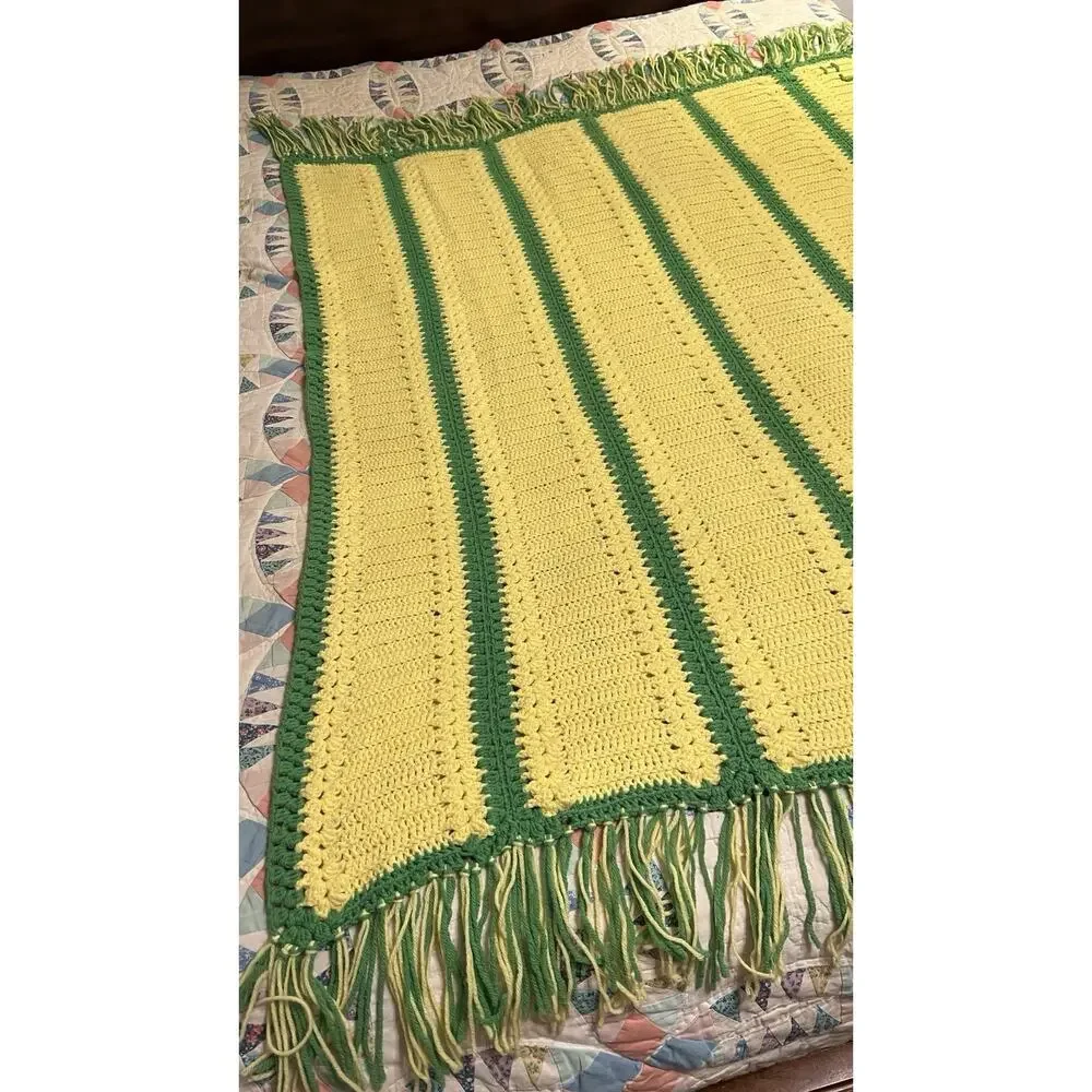 Yellow Green Crochet Afghan Cover Blanket 71
